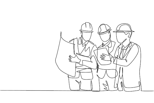 One continuous line drawing architect manager and engineer meeting at building construction vector