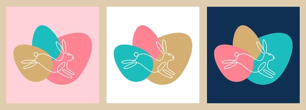 one continuous line drawing of a jumping bunny against a background of colorful easter eggs