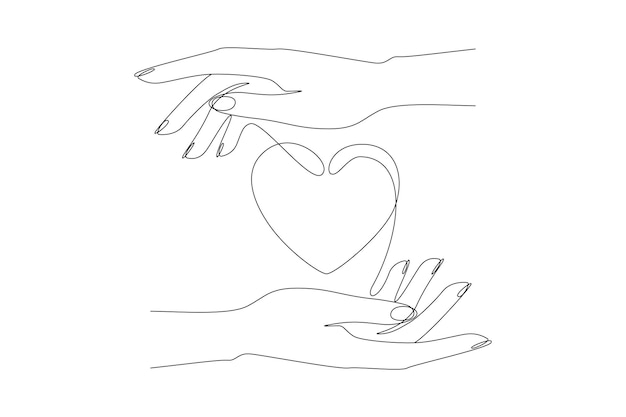 One continuous line drawing of heart between hands Symbol of care and save health in simple linear style Icon concept for volunteering charity and thanksgiving logo Doodle vector illustration