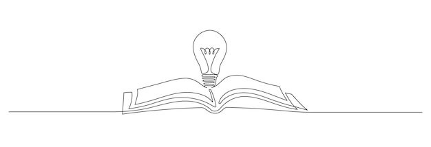 One continuous line drawing of light bulb above book Knowledge and creative idea symbol