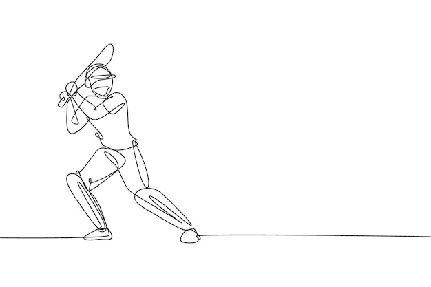 One continuous line drawing of young happy man cricket player standing to practice bat swing vector