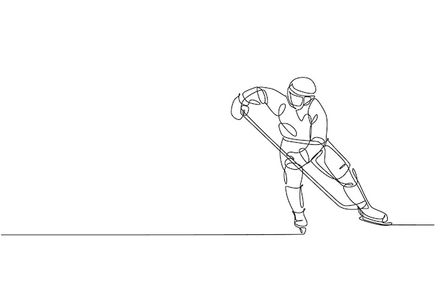One continuous line drawing young professional ice hockey player exercising Healthy extreme sport