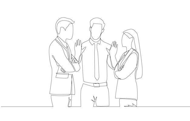 one line drawing of businessman trying to stop argument between colleagues office controversy