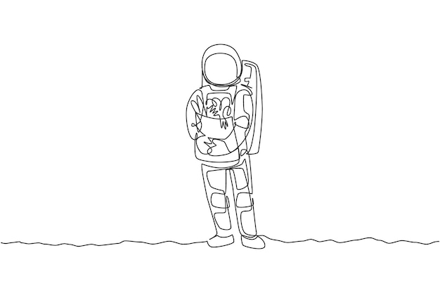 One single line drawing astronaut bring paper bag full of groceries on chest in moon surface vector