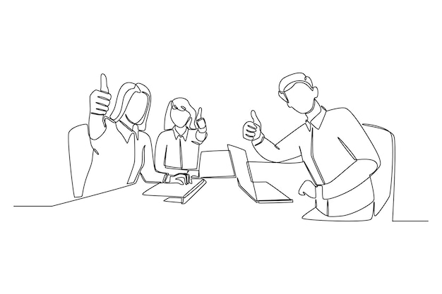 one single line drawing businessman and women give thumb up after meeting teamwork united to achieve success concept continuous line draw design vector