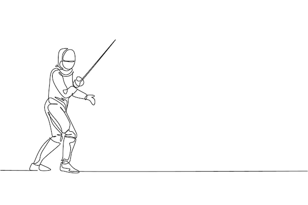 one single line drawing man fencer athlete in fencing exercising motion in sports arena illustration