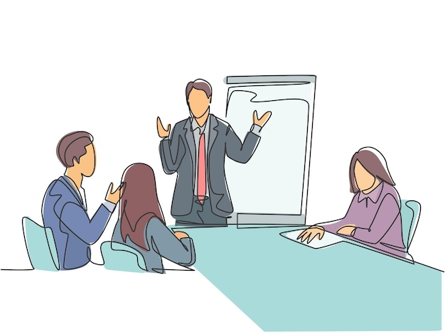 One single line drawing of young businessman giving business coaching to class members at the office