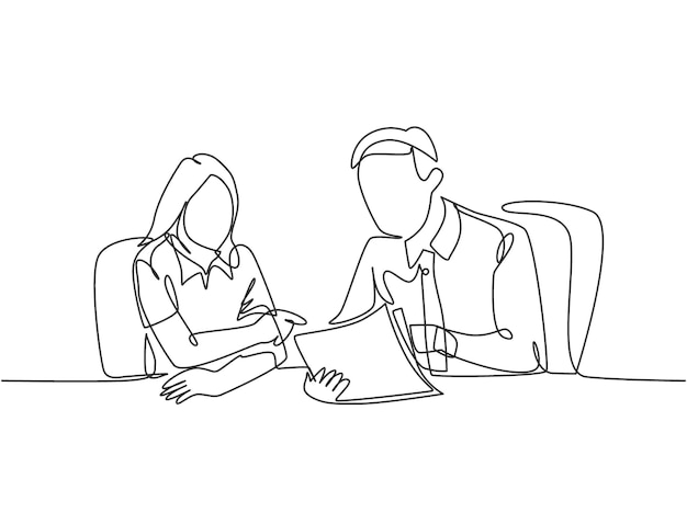 one single line drawing two young male and female worker holding a paper and discussing about work