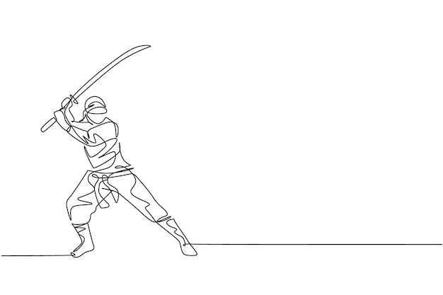 One single line drawing young energetic Japanese ninja holding samurai sword on attack pose vector