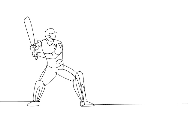 one single line drawing young energetic man cricket player stance standing to hit the ball vector
