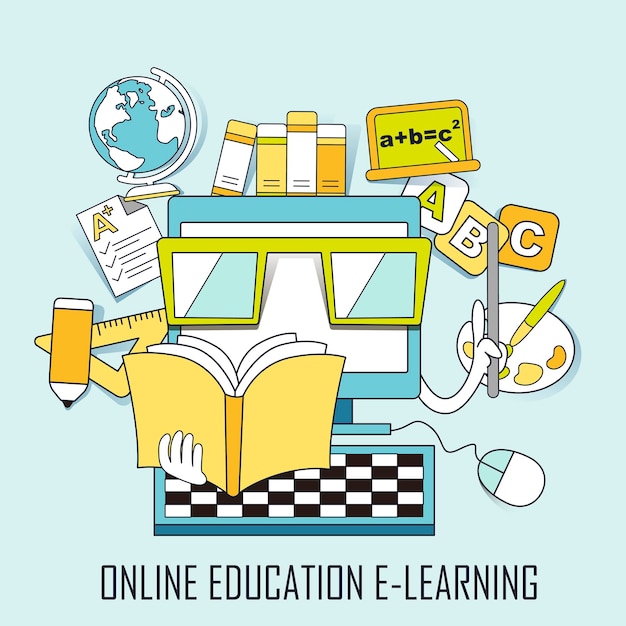 online education concept: learning elements and computer in line style