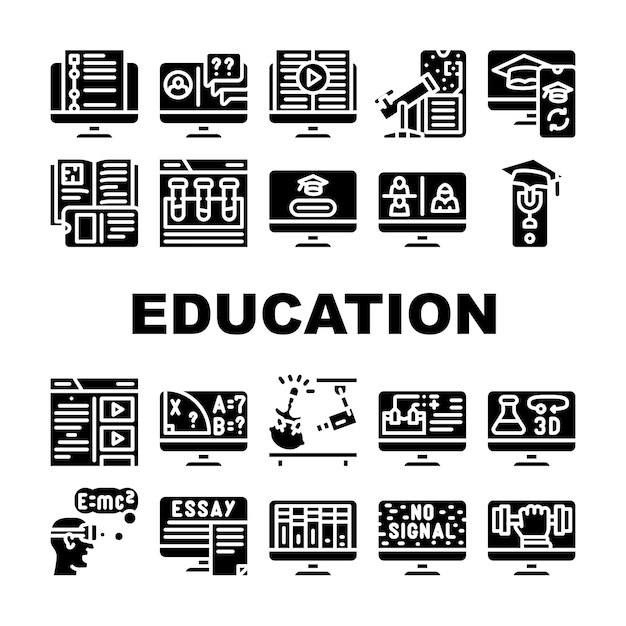 Online Education Learning Lesson Icons Set Vector Internet Library Books And Video Chemistry And Mathematics Education Glyph Pictograms Black Illustrations
