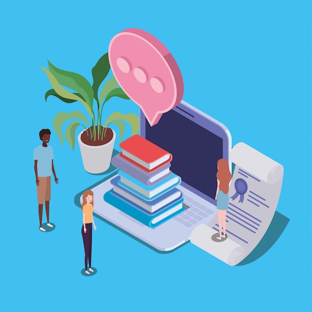 online education with laptop and mini people