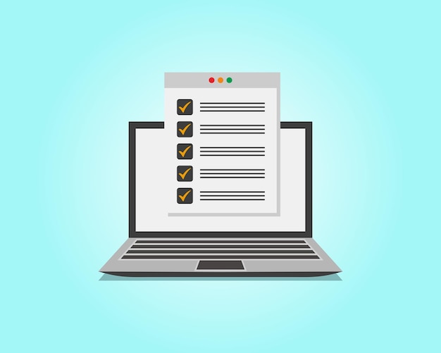 Online kontrolní seznam zkoušek na obrazovce monitoru, skládání testu, výběr odpovědi, formulář dotazníku