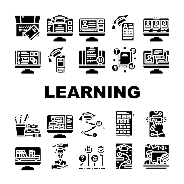 online learning platform study icons set vector