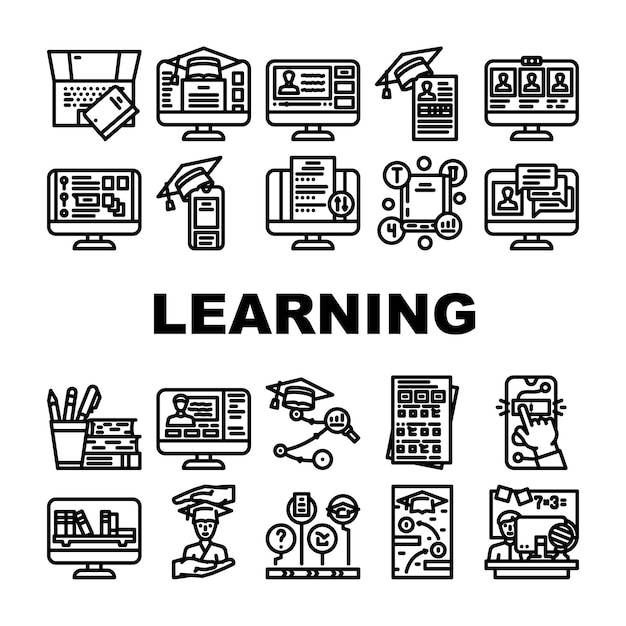 online learning platform study icons set vector