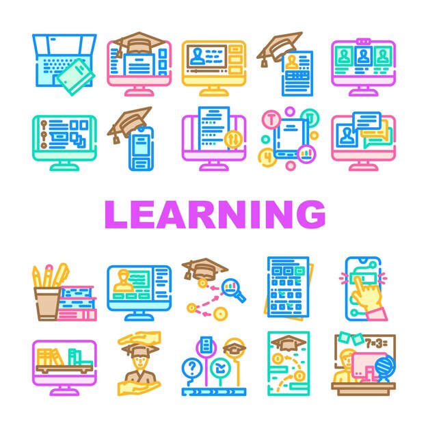 online learning platform study icons set vector