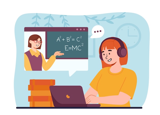 Online lesson concept woman in headphones with laptop listen lecture from teacher webinar and