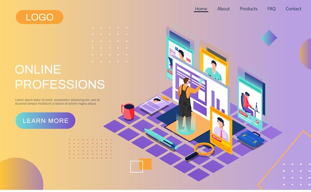Online professions landing page template Male worker chooses new profession or vacancy online