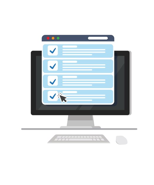 Online quiz and exam concept on computer screen stock illustration
