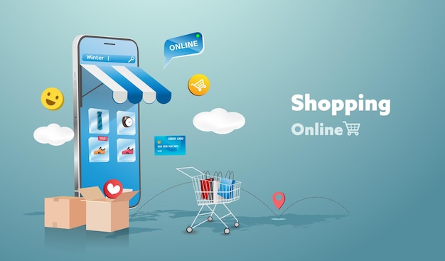 Online shopping store on website and mobile phone design. Smart business marketing concept. Horizontal view.  Illustration.