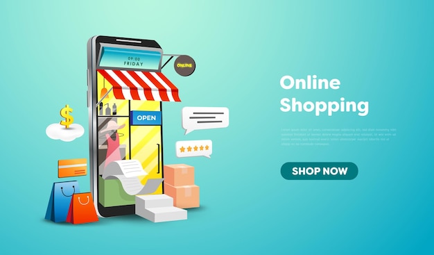 Online shopping store on website and mobile phone design Smart business marketing concept Horizontal view Vector Illustration