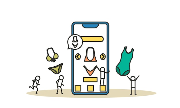 Online shopping via the Internet Woman chooses and buys bikini through phone app vector illustration