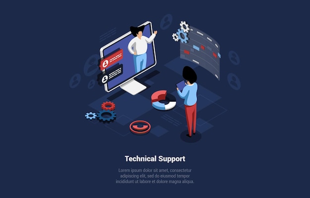 Online Technical Support Concept Illustration On Dark Background With Writing. Isometric Vector Composition In Cartoon 3D Style. Internet Service, Automated Chatbot Or Human Operator Help Systems.