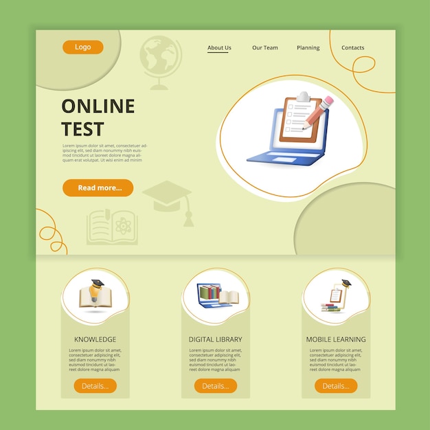 Online test flat landing page website template knowledge