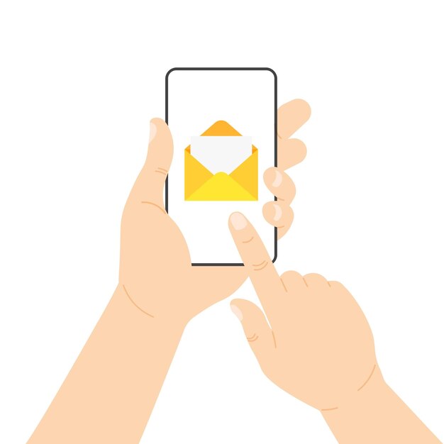 Open mail inbox notification on a screen Envelope on smartphone screen Hand holds phone income box