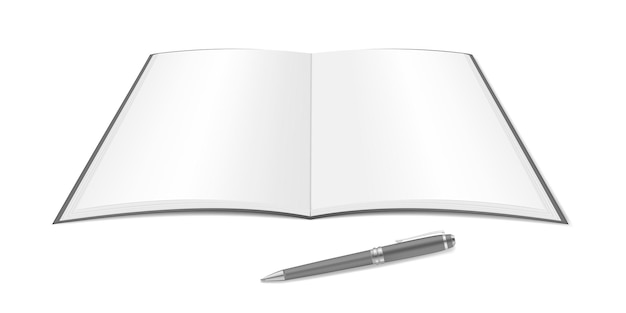 Open notebook with white blank pages and pen on the table realistic vector illustration