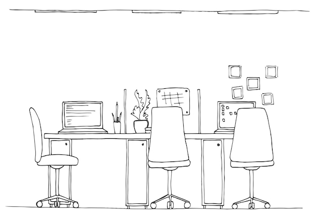 open space office workplaces outdoors tables chairs vector illustration in a sketch style