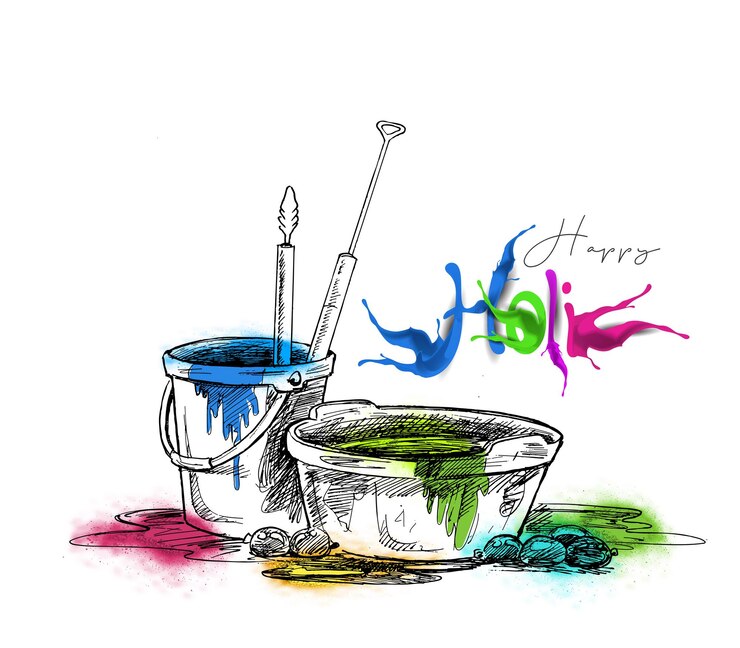 Vektor oslavy festivalu holi - žena hraje na dhol s cákanci barev - vektorové pozadí.