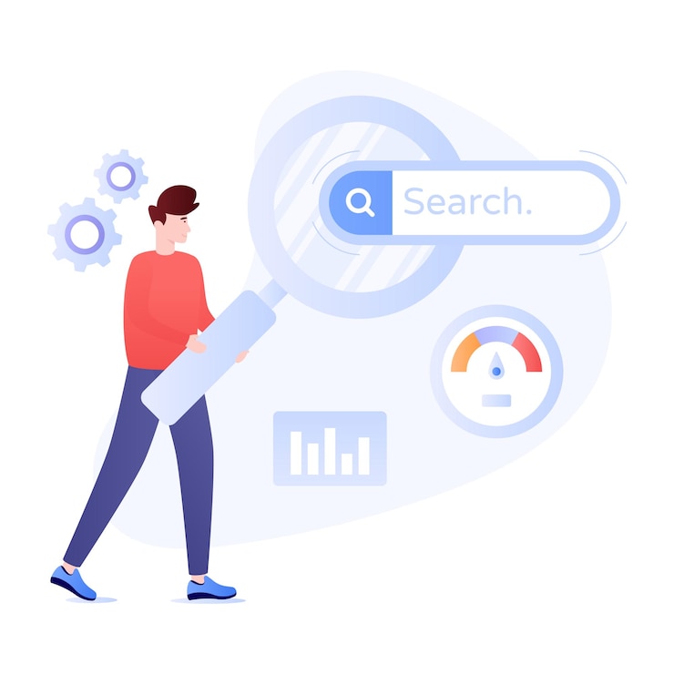 Vektor osoba vyhledávající data online, plochá ilustrace seo