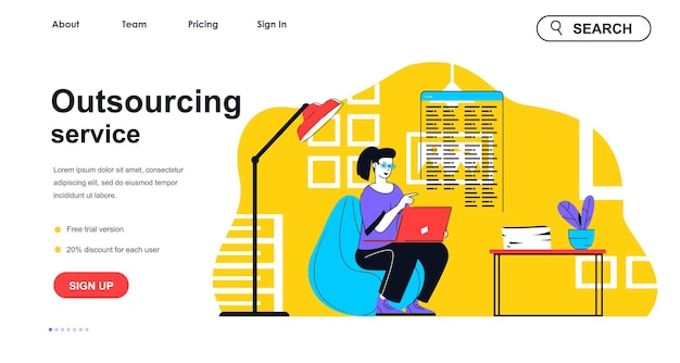 outsourcing service concept for landing page template woman employee doing work in remote office project work freelance people scene vector illustration with flat character design for web banner