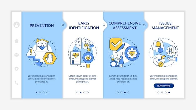Palliative care stages blue and white onboarding template Medical care Responsive mobile website with linear concept icons Web page walkthrough 4 step screens LatoBold Regular fonts used