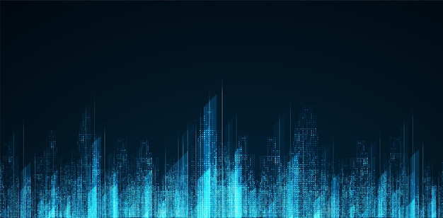 Panorama města na tmavě modrém pozadí s jasně zářícím neonovým technologickým pozadím města