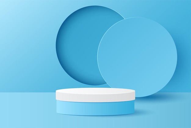 Paper cut of minimal scene with blue cylinder podium on blue background Product presentation mock up show cosmetic Vector illustration