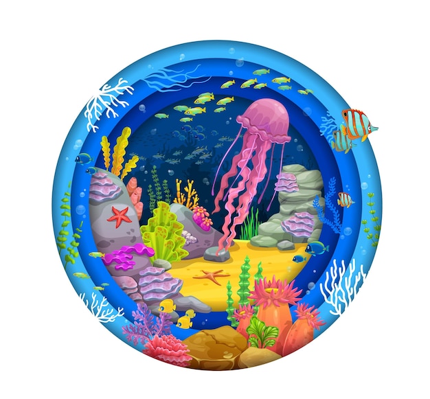 Paper cut underwater landscape and tropical fishes