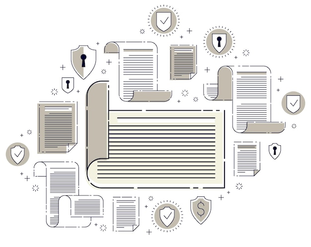 paper document with icon set, electronic documentation concept, data saving and protection, faq or agreement membership contract and rules, vector design.