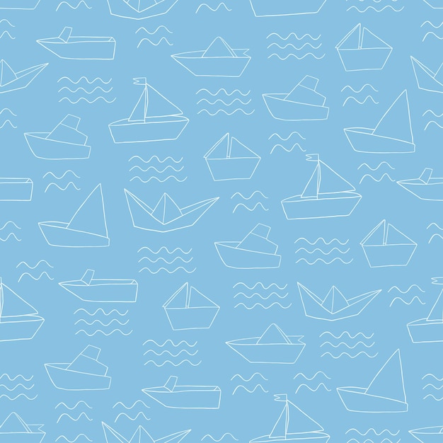 Papírové lodě na moři, bezešvý vzor, lodě na vlnách, vektorová ilustrace, design pro textil