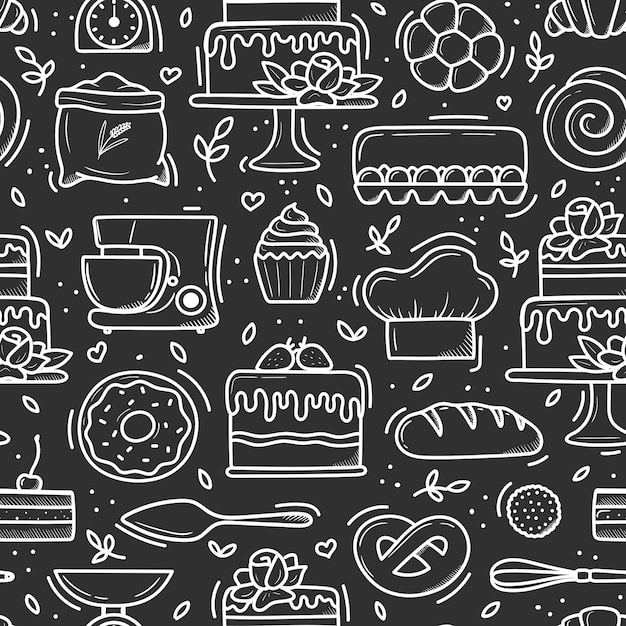 Pattern of baked goods and desserts in trendy linear style