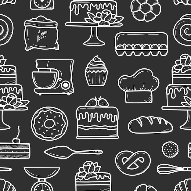 Pattern of baked goods and desserts in trendy linear style