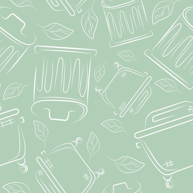 pattern of icons of various street garbage cans on a green background drawn in line art style