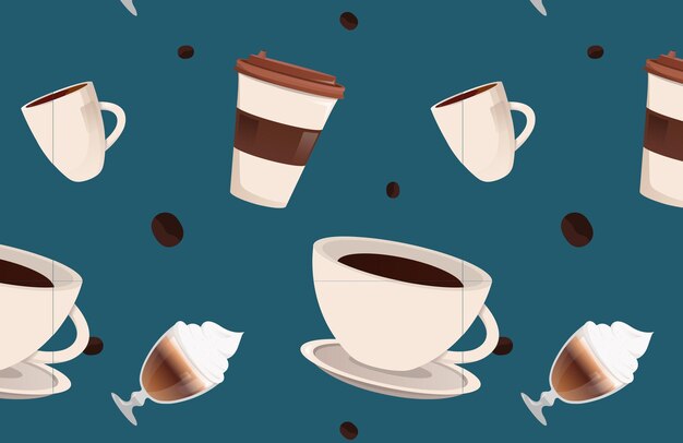 Pattern with coffee cups and glasses Pattern for cafe and menu Seamless vector pattern