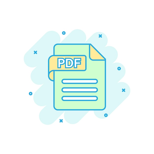 Pdf icon in comic style Document text vector cartoon illustration on white isolated background Archive splash effect business concept