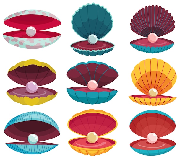 pearls in seashell open seashells scallop and pearl shell icons set in various form and colors beautiful pearls in clam shells in cartoon flat style vector illustration isolated on white background