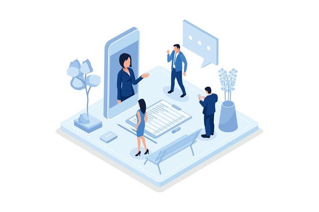 people characters talking with customer support. woman and man ask questions and receive answers.