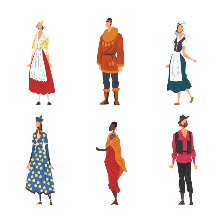 Vektor people of different nationality wearing ethnic clothing standing pose vector set