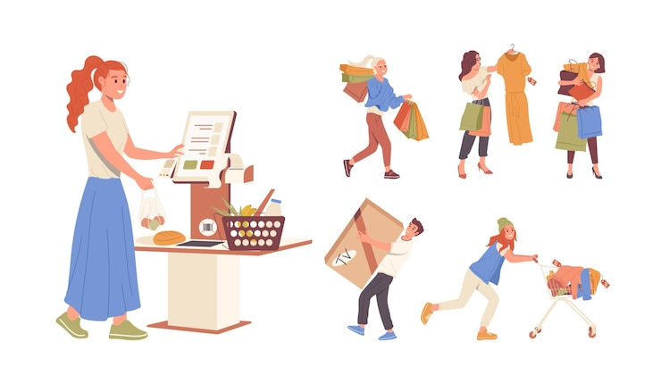 Vektor people shopping activity isolated set with happy man and woman cartoon shoppers characters doing purchases in electronics shop store clothing boutique and selfservice kiosk vector illustration